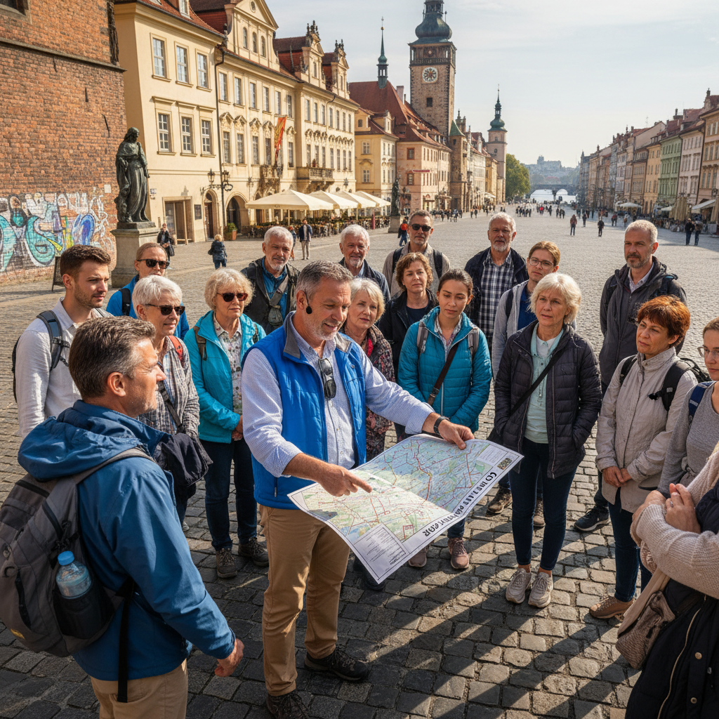 Tour guide leading a group of tourists through a scenic landscape