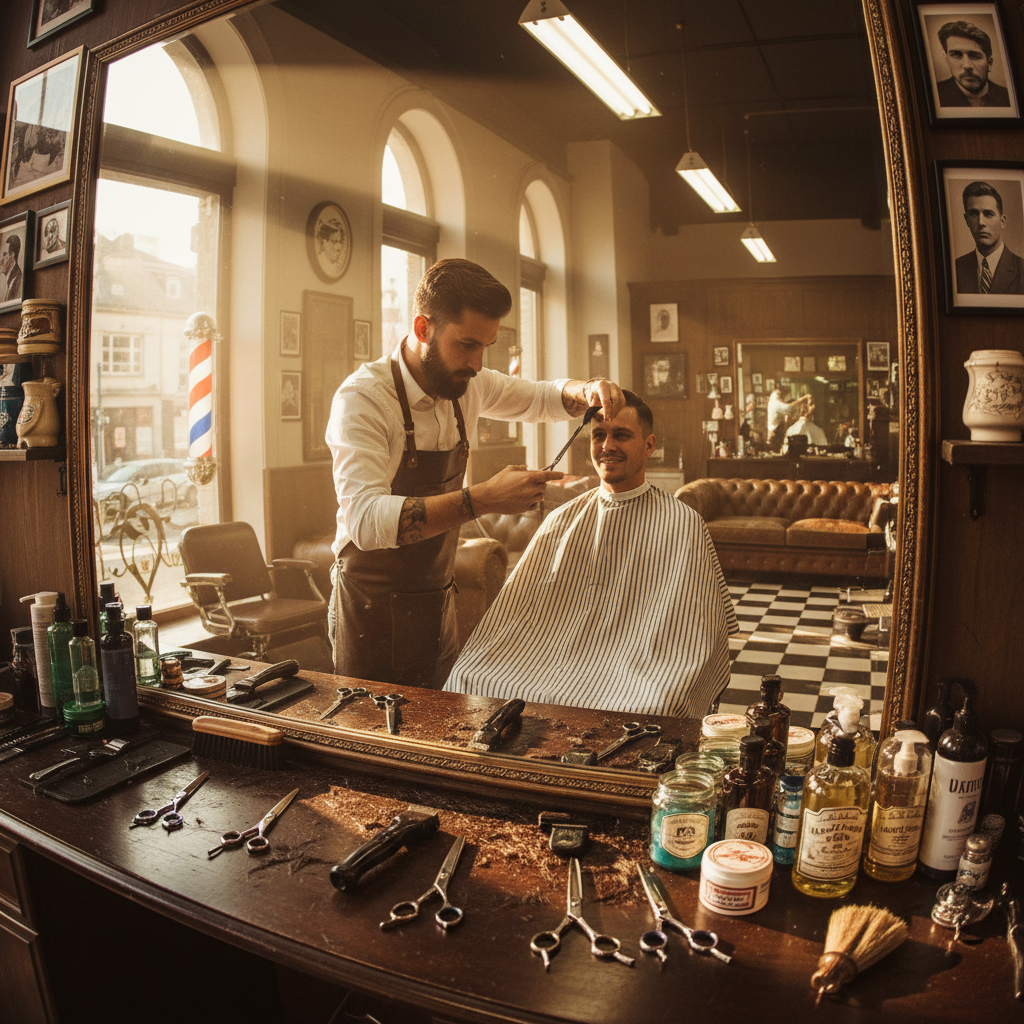 Barber giving a precise haircut to a male client in a classic barbershop