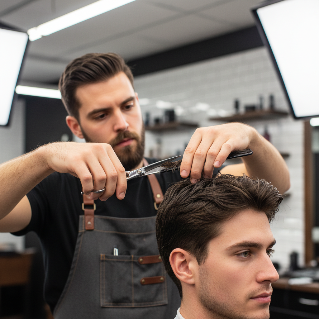 Barber giving a precise haircut to a male client