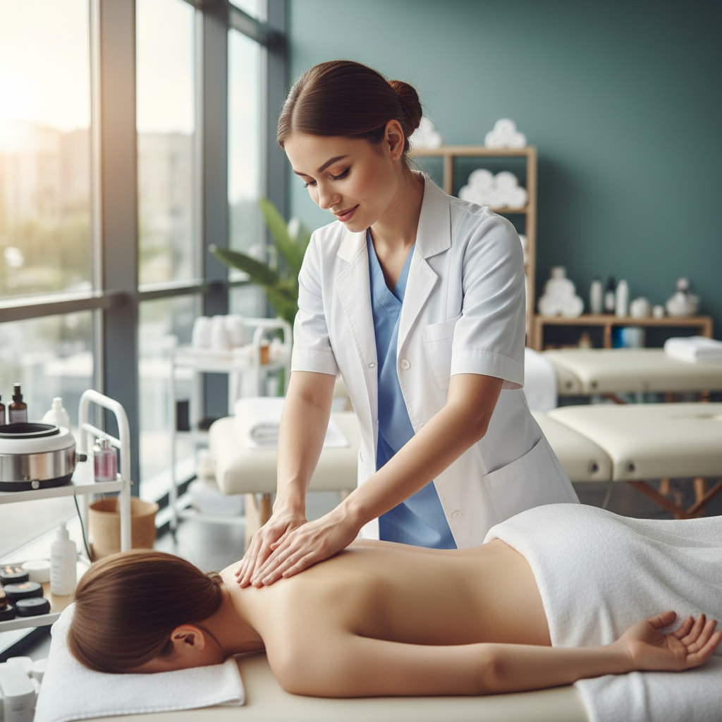 Massage therapist performing a relaxing back massage on a client