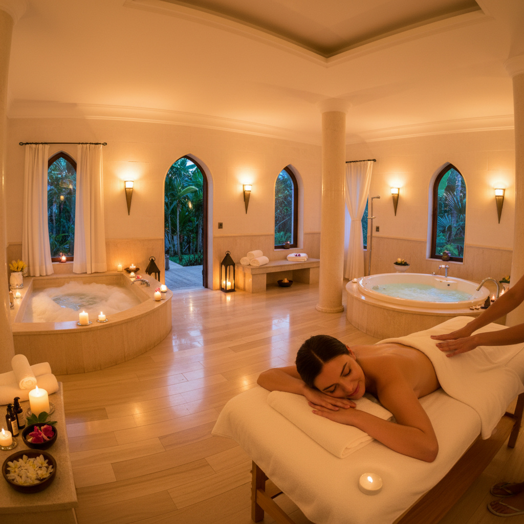 Peaceful spa treatment room with candles and massage table