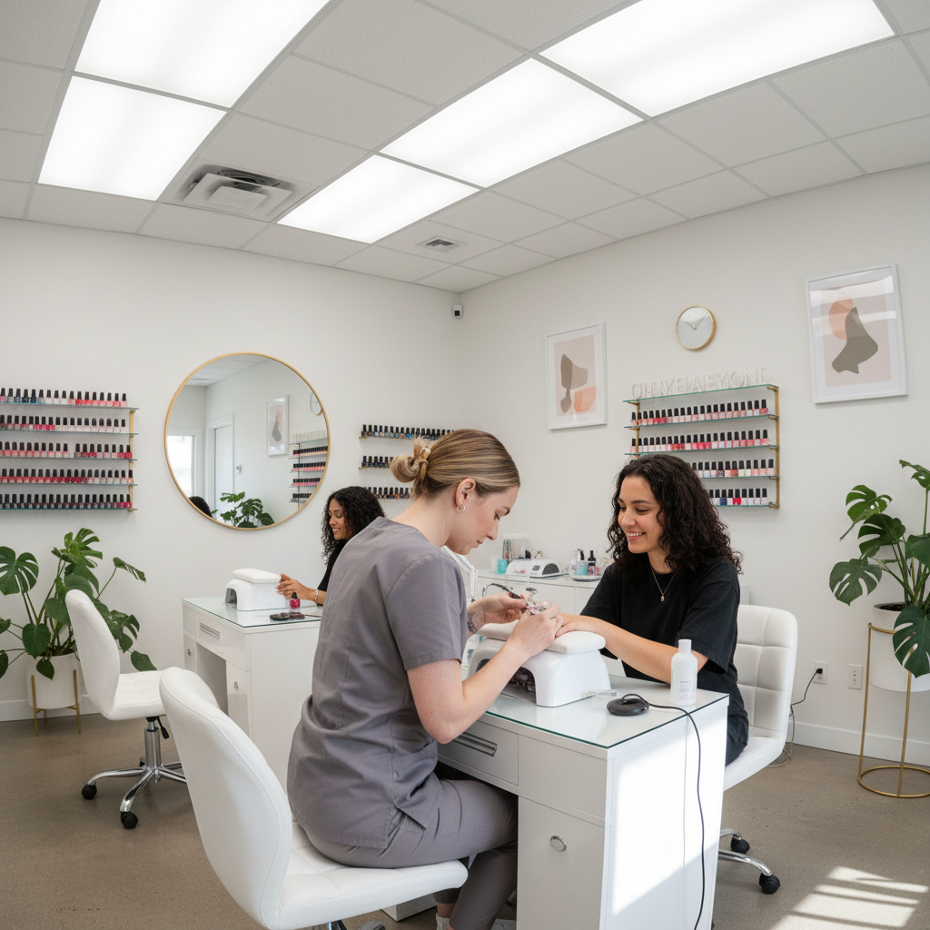 Nail technician applying colorful nail polish to a client