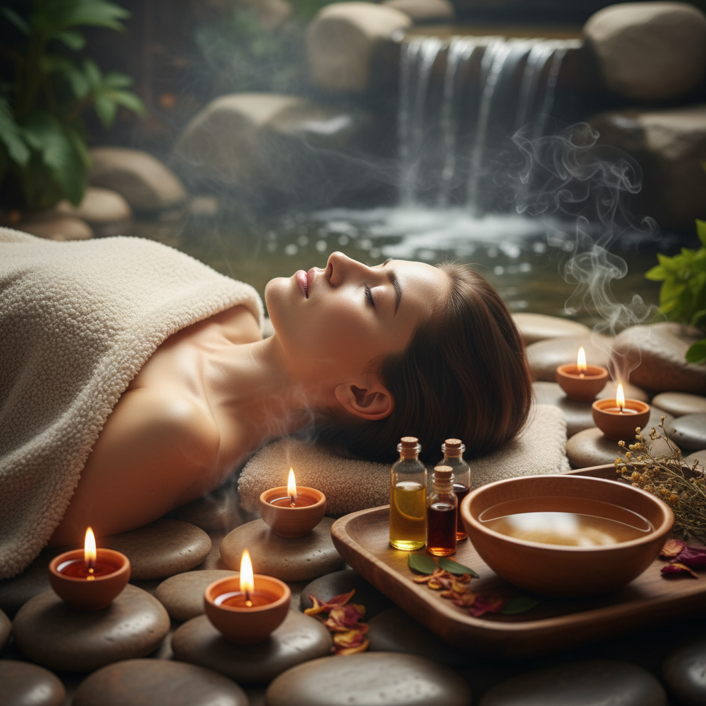 Relaxing spa treatment with candles and essential oils