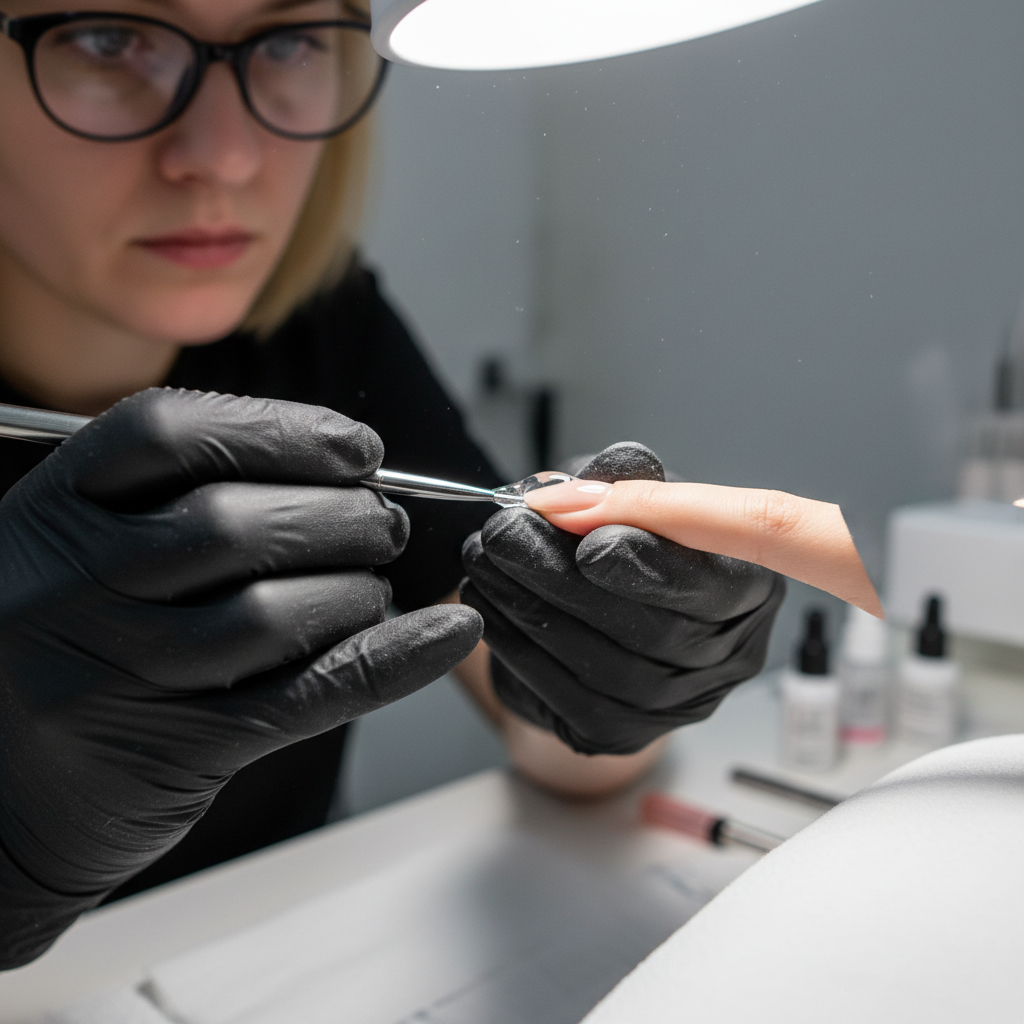 Nail technician applying colorful nail art to a client's fingernails