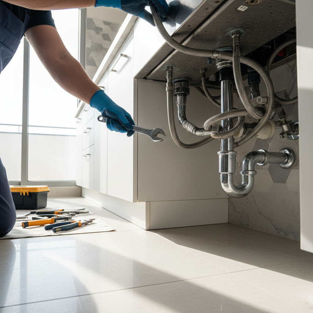 Plumber fixing pipes under a sink with professional tools