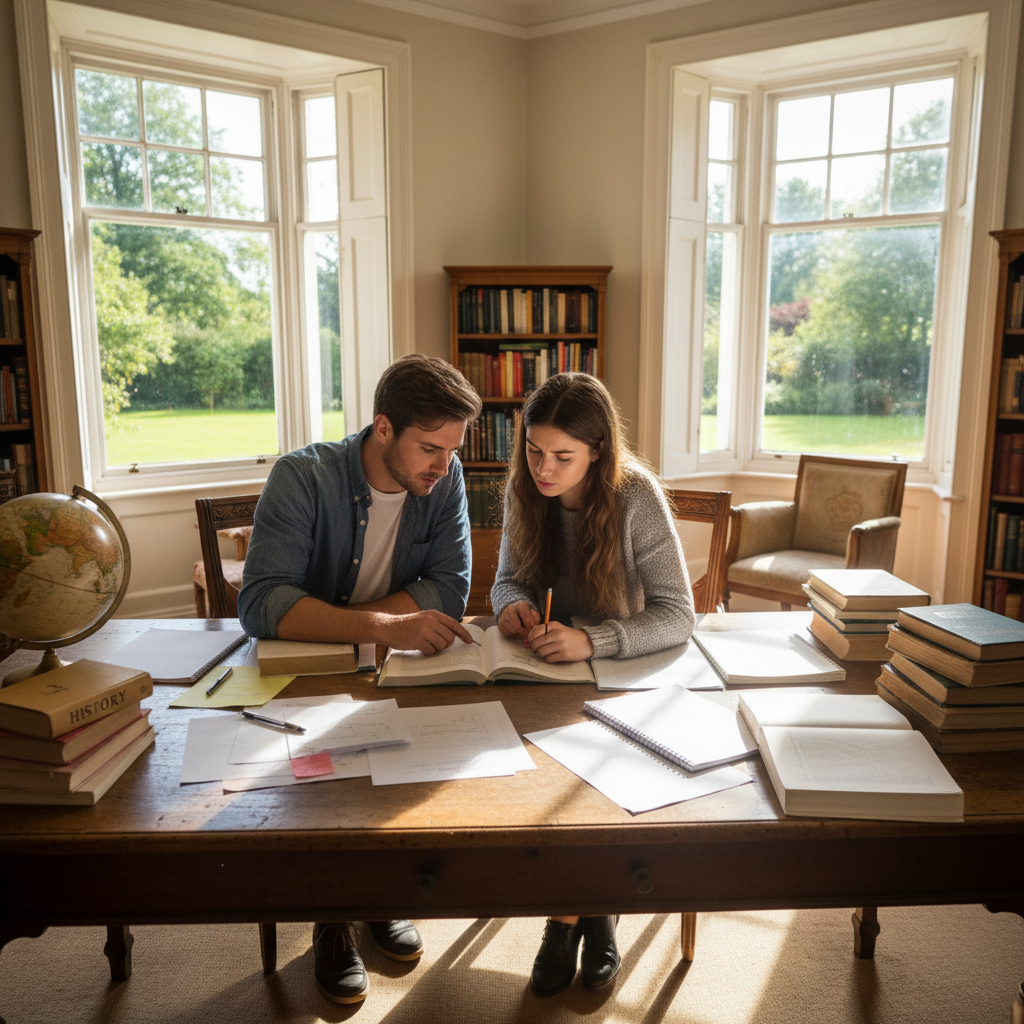 Tutor helping a student with books and notes at a desk