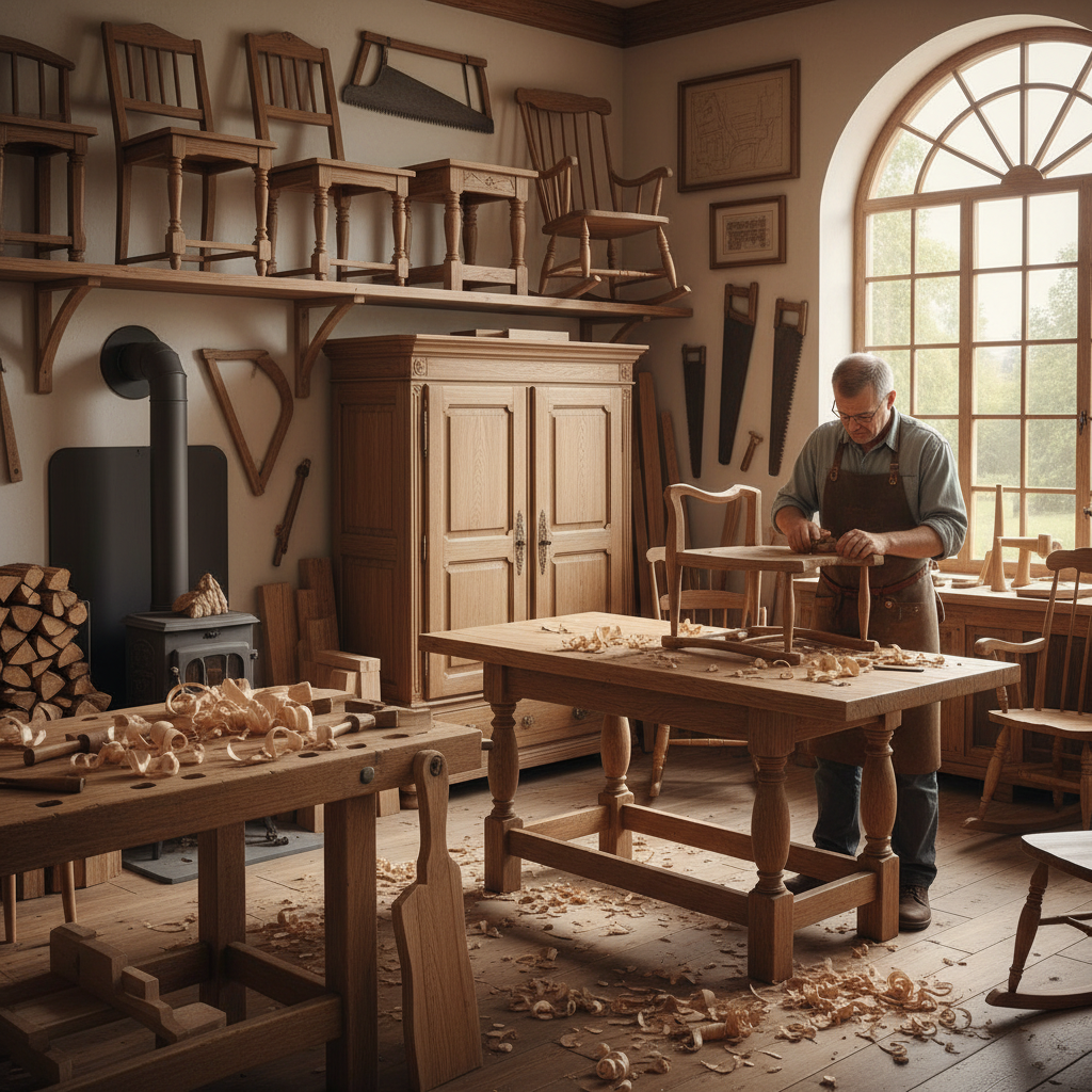 Skilled carpenter working on custom wooden furniture in a workshop