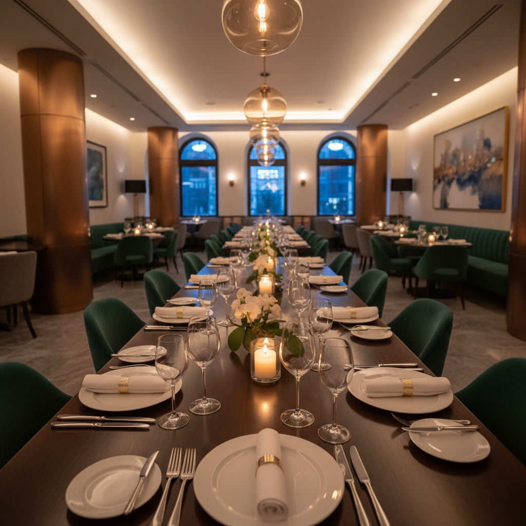Elegant restaurant interior with set tables and warm ambient lighting