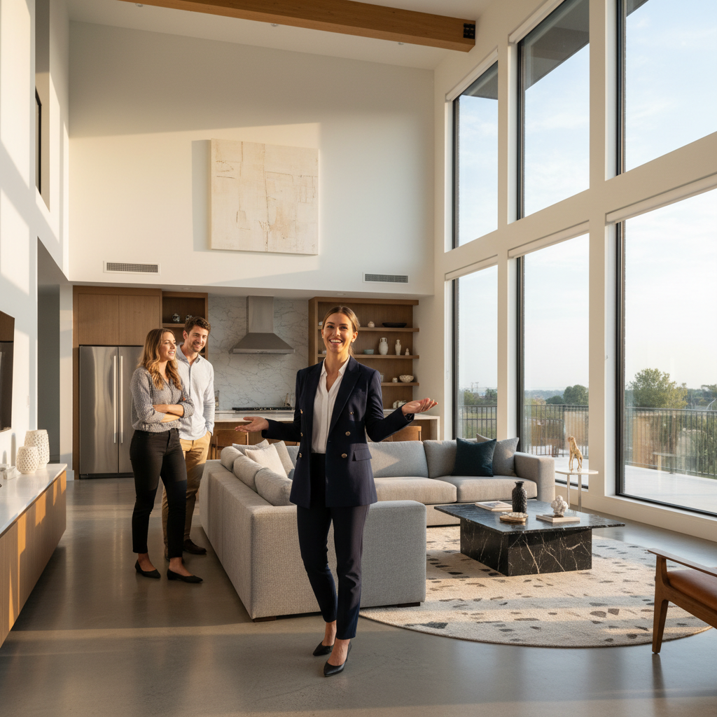 Real estate agent showing a modern house to potential buyers