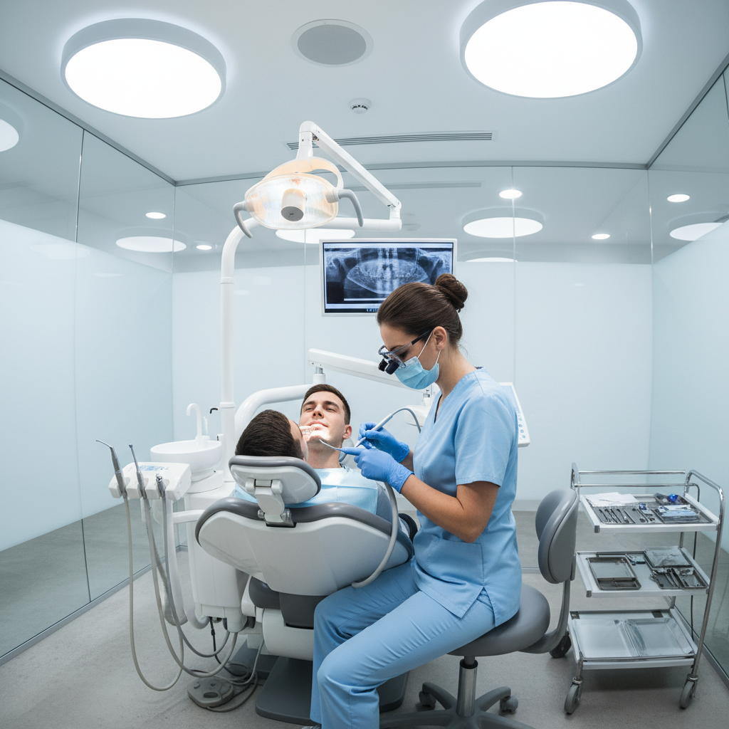 Dentist examining a patient's teeth in a modern dental clinic