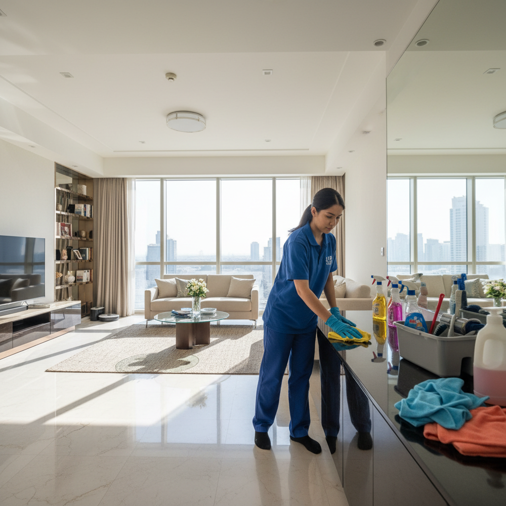 Professional cleaner wiping surfaces in a bright clean home