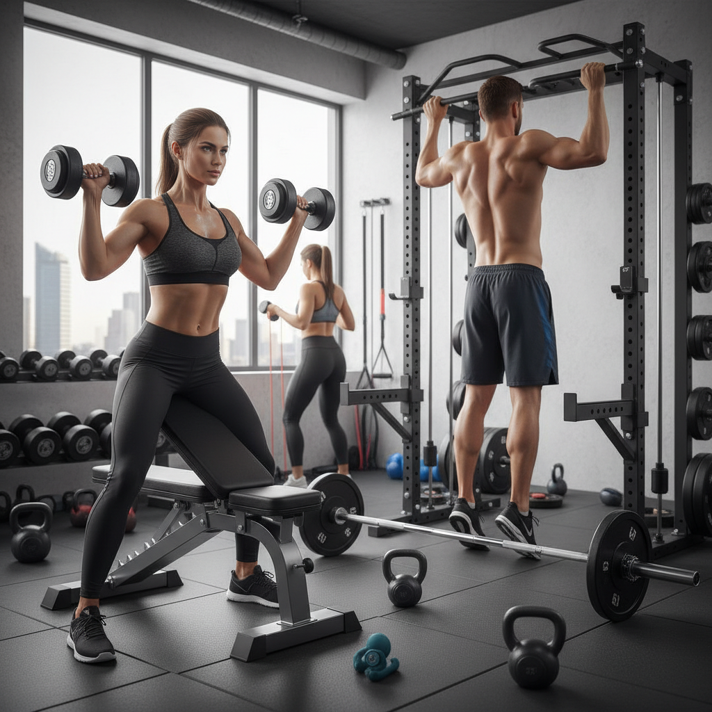 People working out in a modern gym with fitness equipment